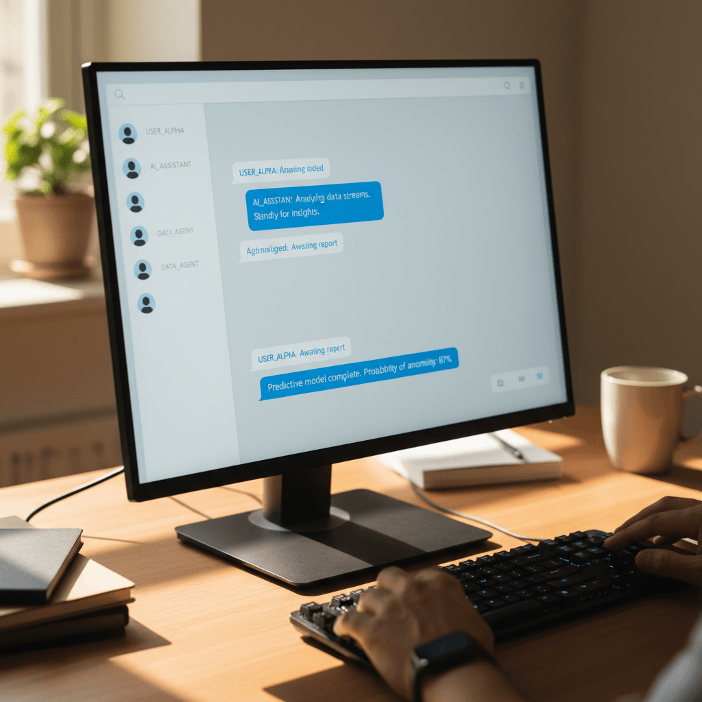 AI agent conversation interface on desktop screen with hand at keyboard