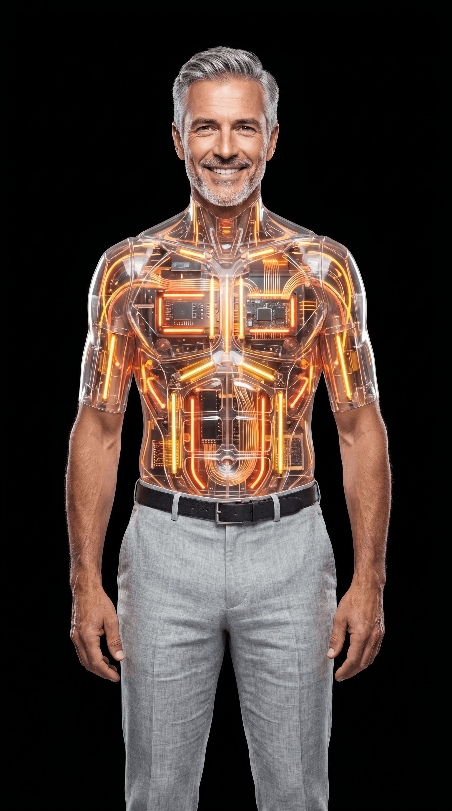 Smiling man with a transparent torso revealing glowing orange robotic circuitry and internal mechanical components.