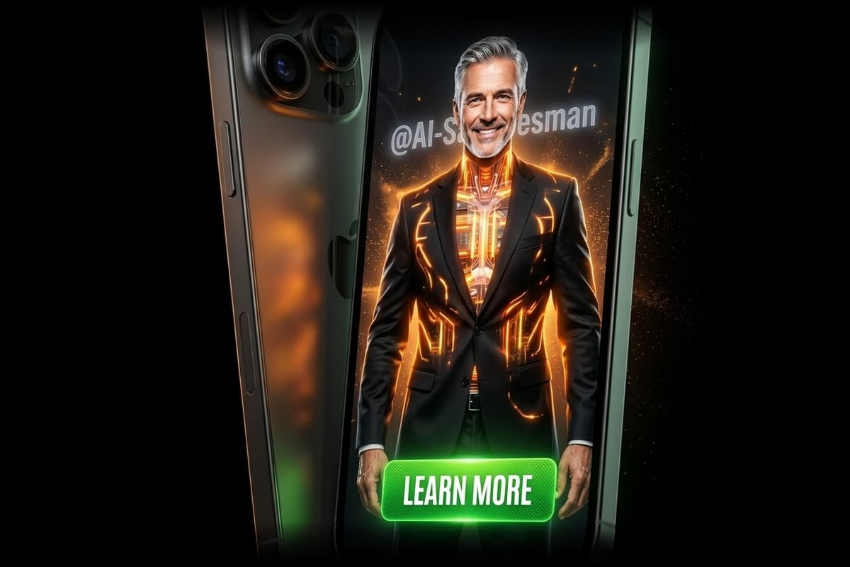 Digital salesman with glowing orange circuits on a smartphone screen with a learn more button.