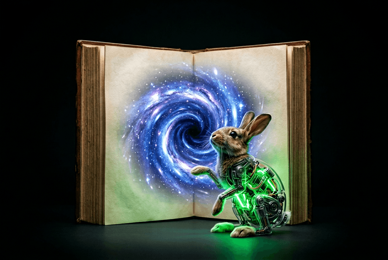 Robotic rabbit gazes into a swirling cosmic galaxy emerging from an open vintage book.