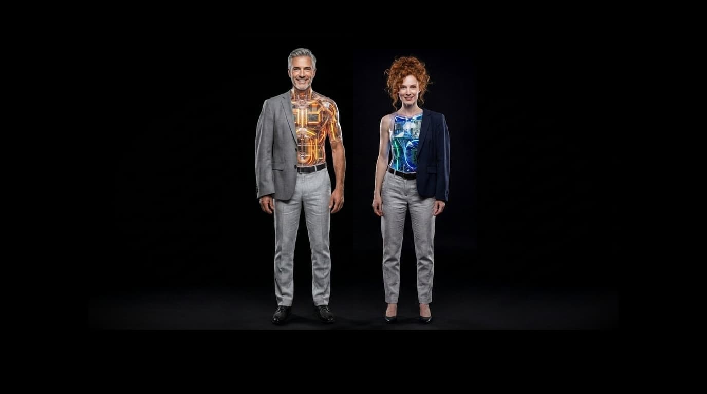 Man and woman in business attire with transparent torsos revealing glowing orange and blue circuitry.