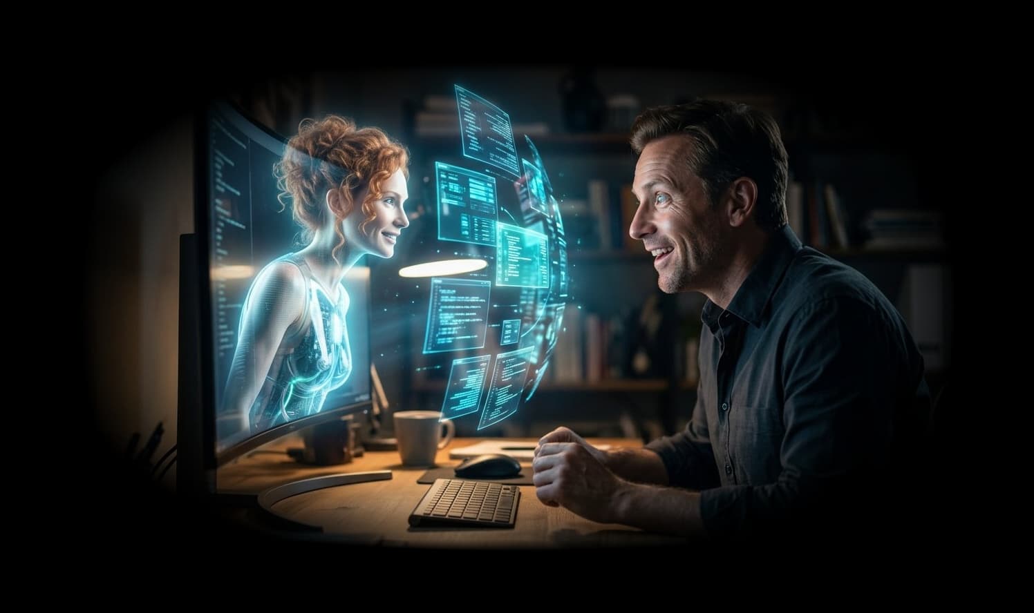 Man smiling at a glowing holographic woman and floating digital data windows on his monitor.