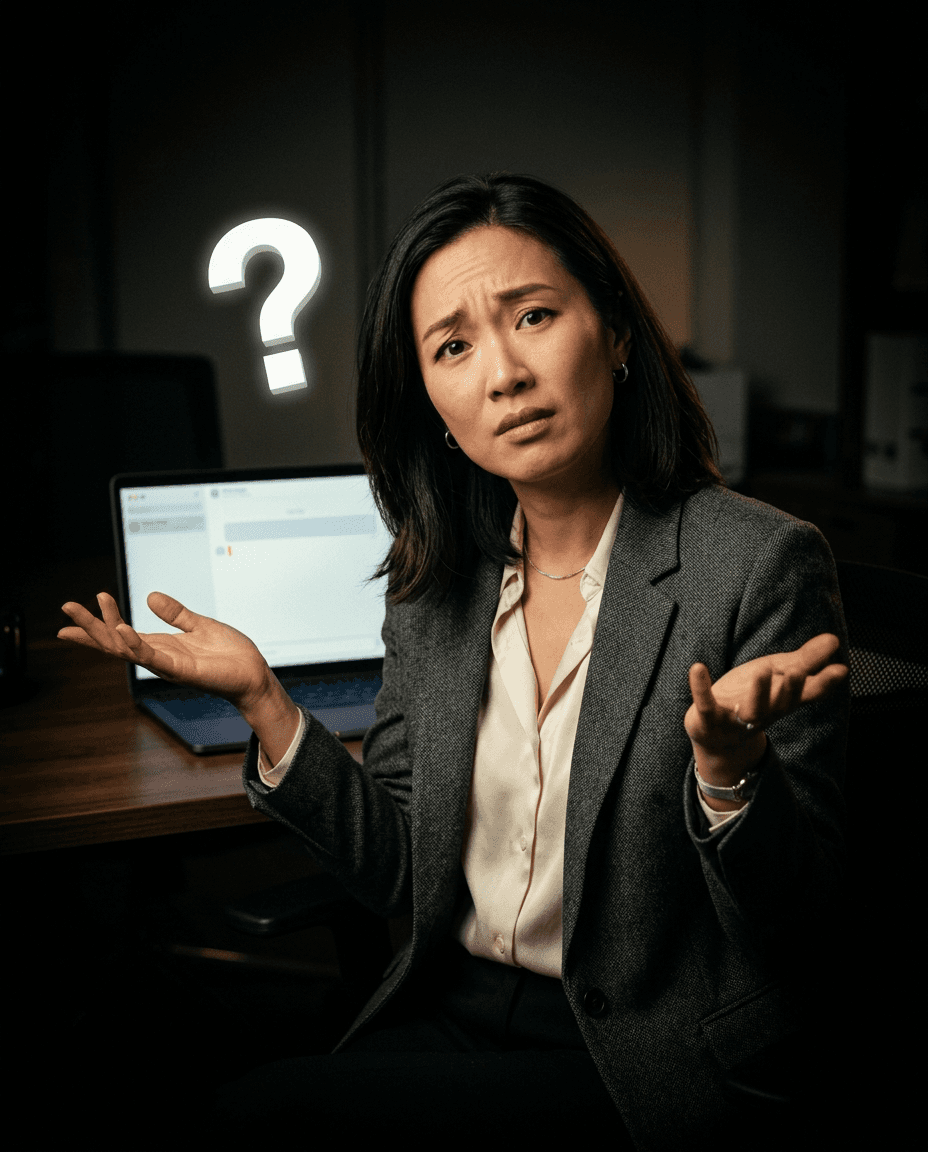 Confused businesswoman shrugging by a laptop with a glowing question mark above her head.