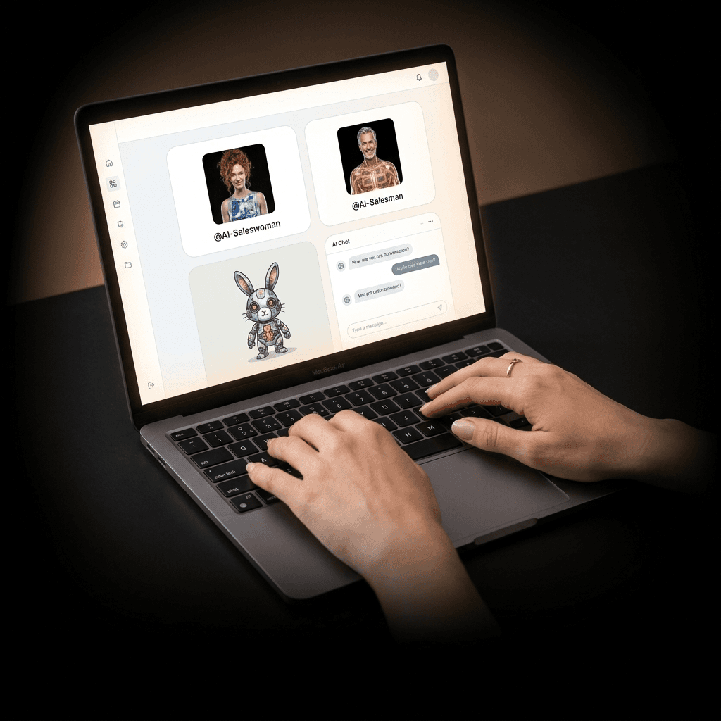 Hands typing on a laptop displaying an AI interface with digital avatars and chat window.