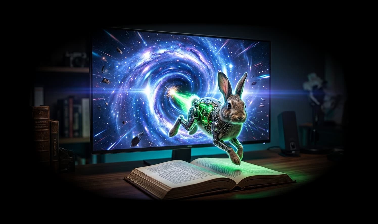 Mechanical rabbit leaping from a galaxy-filled monitor onto an open book on a desk.